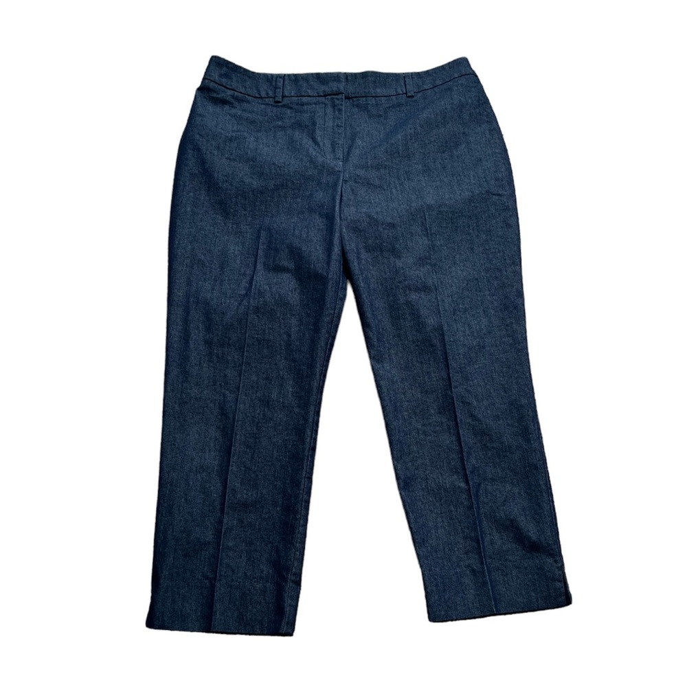 Chico’s Dark Wash Denim Chambray Crop Pants 8 Dressy Straight Leg Blue Fall